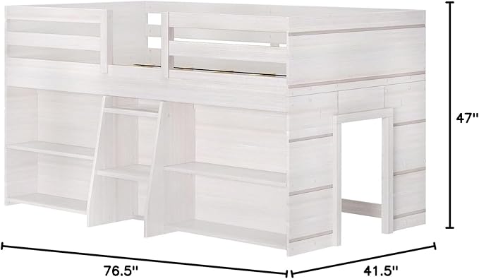 Max & Lily Modern Farmhouse Low Loft Bed, Twin Bed Frame for Kids with 2 Bookcases, White Wash
