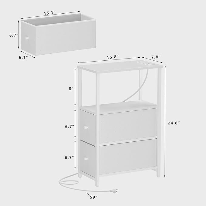 TUTOTAK Small Narrow LED End Table with Charging Station, Side Table Outlets, Nightstand with 2 Cloth Drawers, Set of 2, Couch Table, for Living Room, Bedroom, Bedside, White TB01BW056