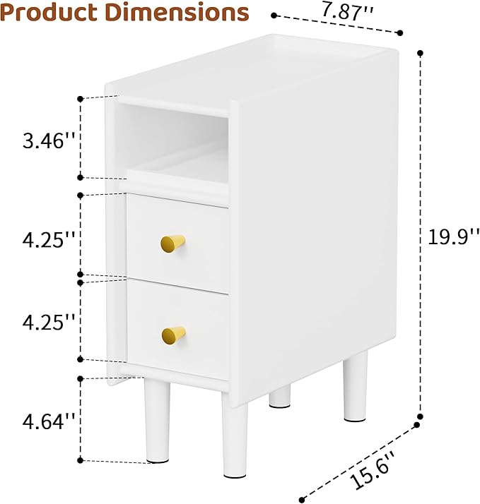 Huolewa Narrow Nightstand with 2 Drawers - Solid Wood Narrow Side Table with Open Shelf for Small Spaces, Couch, Bedroom, Living, Office - Small Bedside Table, End Tables (White, 7.87 inch)