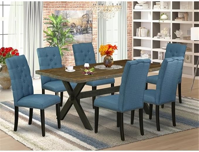 East West Furniture X677EL121-7 7 Piece Dining Table Set Consist of a Rectangle Dining Room Table with X-Legs and 6 Blue Linen Fabric Upholstered Parson Chairs, 40x72 Inch, Multi-Color