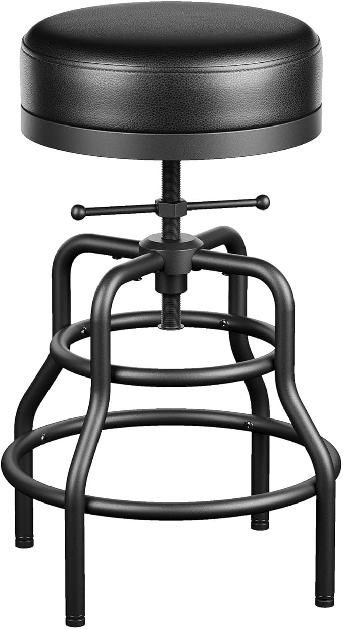 Adjustable Height Swivel Bar Stool, 22-29 Inch Industrial Vintage Bar Counter Height Stool with Thicken Premium Bonded Leather Seat & Updated Footrest, Easy Assembly, Black