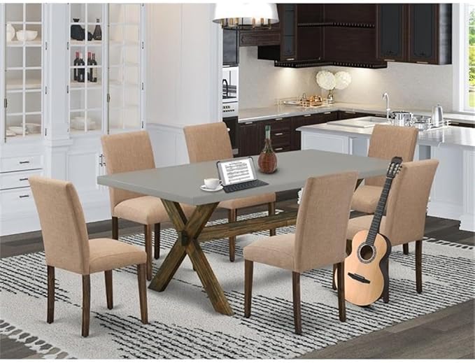 East West Furniture X797AB747-7 7 Piece Dining Table Set Consist of a Rectangle Dining Room Table with X-Legs and 6 Light Sable Linen Fabric Upholstered Chairs, 40x72 Inch, Multi-Color