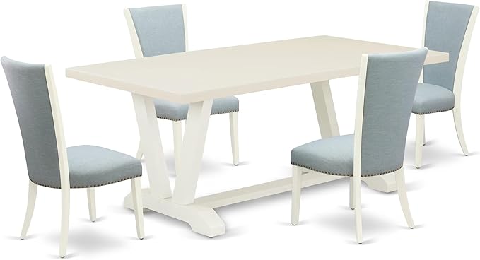 East West Furniture V027VE215-5 5 Piece Dining Table Set for 4 Includes a Rectangle Kitchen Table with V-Legs and 4 Baby Blue Linen Fabric Parson Dining Chairs, 40x72 Inch, Multi-Color