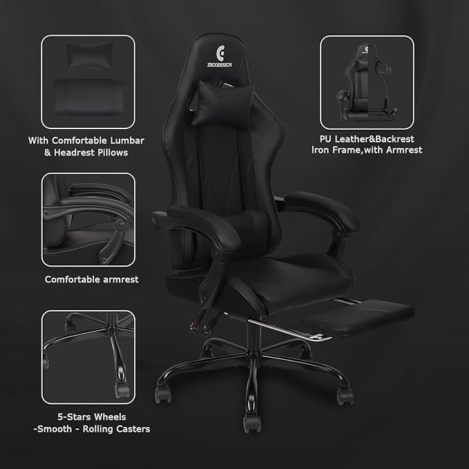 Gaming Chair with Linkage Armrest & Footrest, High Back Video Gaming Chair, Black