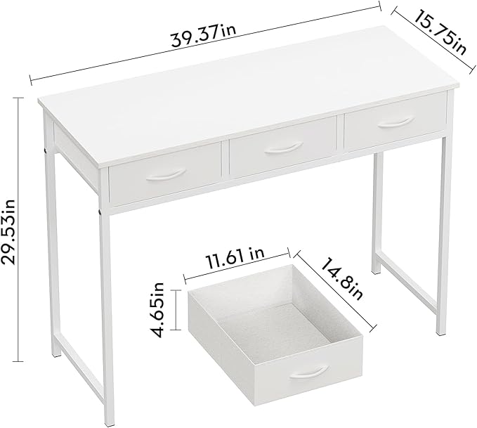 WOHOMO Small Computer Desk with Drawers, 39.3 Inch Vanity Desk with Storage, Home Office Computer Desk for Small Spaces, Modern Work Writing Study Table, White
