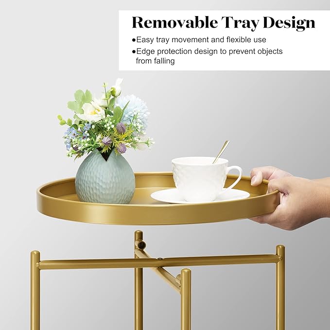 danpinera 2-Tier End Table, Outdoor Side Table, Metal Round Desk with Removable Tray, Small Folding Accent Desk, Anti-Rust Nightstand for Bedroom Balcony Patio Living Room, Set of 2 (Gold)