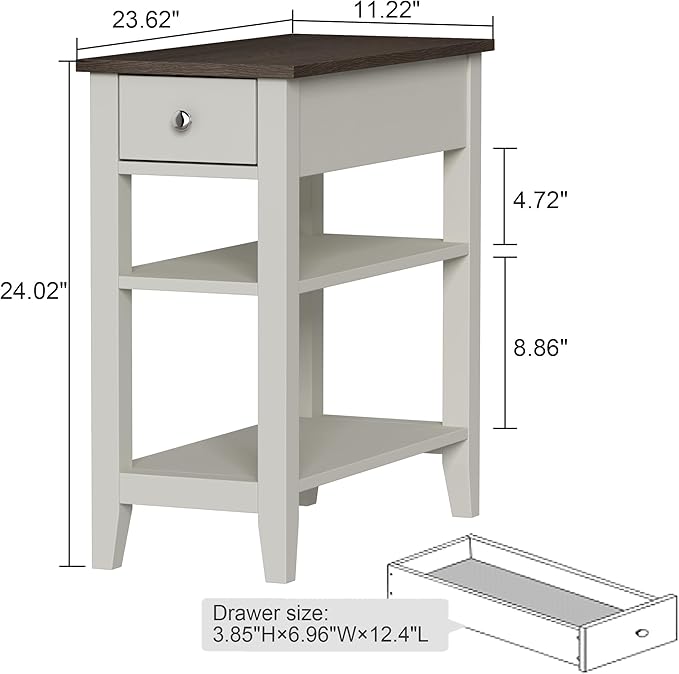 ChooChoo Side Table Living Room Set of 2, Narrow End Table with Drawer and Shelf, 3-Tier Sofa End Table for Small Space, White and Brown