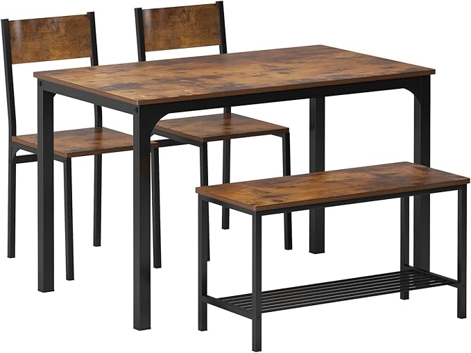 sogesfurniture 4-Piece Dining Table Set with 1 Bench and 2 Chairs, Kitchen Bench Table Set for 4, Wooden Kitchen Table and Chairs for Limited Space,Rustic Brown