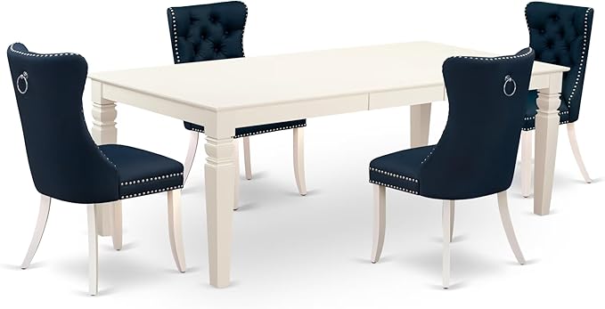 East West Furniture LGDA5-LWH-29 5 Piece Dining Set Consists of a Rectangle Wooden Table with Butterfly Leaf and 4 Polyester Fabric Upholstered Chairs, 42x84 Inch, linen white