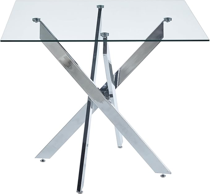 Dining Table for 4 Modern 35.43" Rectangular Glass Dining Table Kitchen & Dining Room Tables with Metal Base for Dining Room and Apartment, Chrome