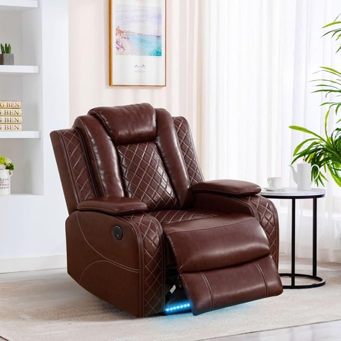 Electric Power Recliner Chair Living Room Furniture, Comfy Wide Lazy Home Theater Breathing Leather Seating with USB 2.0 Charging Ports, LED Light Strips (Red)