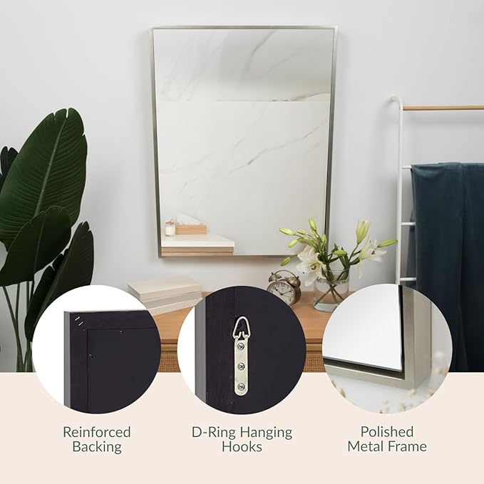 Hamilton Hills 30x40 inch Polished Silver Metal Framed Wall Mounted Mirror - Large Rectangular Bathroom Mirror - 1/2 inch Floating Frame Vanity Nickel Glass - Hangs Horizontal or Vertical