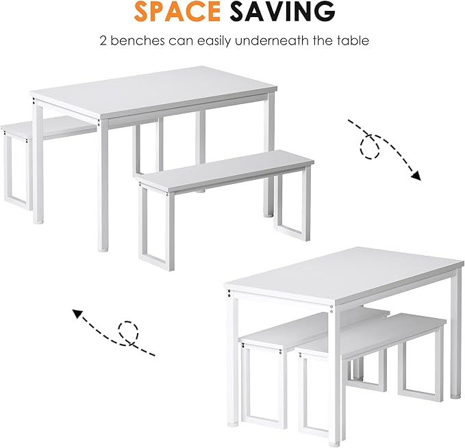 Soges Industrial Style White Dining Table Set for 4, 3 Piece Rectangular Wooden Table and Long Benches, Kitchen and Dining Room Set