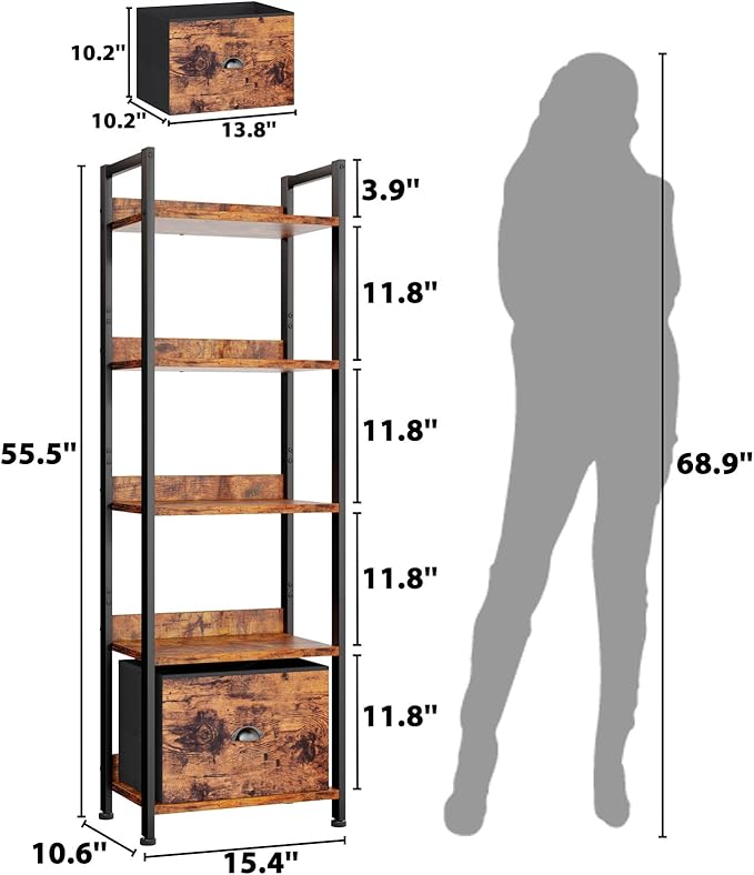 Furologee 5 Tier Bookshelf with Drawer, Tall Narrow Bookcase with Shelves, Wood and Metal Bookshelves Storage Organizer, Industrial Display Standing Shelf Unit for Bedroom, Living Room, Rustic Brown