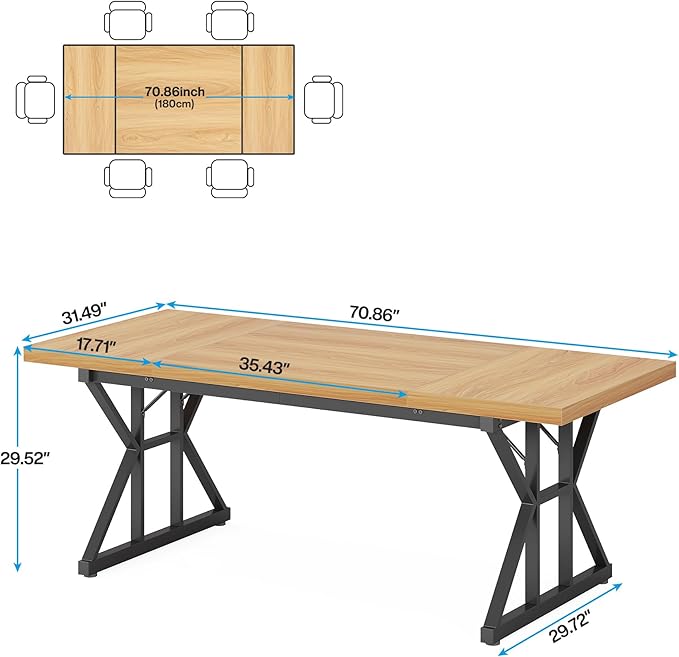 Tribesigns Farmhouse Dining Table for 6 People, 70.8-Inch Rectangular Wood Dining Table, Rustic Kitchen Table with Heavy Duty Metal Legs for Dining Room