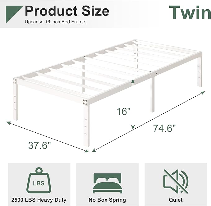 16 Inch White Twin Bed Frames No Box Spring Need, Metal Platform Bed Frame Twin Size Heavy Duty Mattress Foundation, Eassy Assembly 2,500 lbs Steel Slats Support