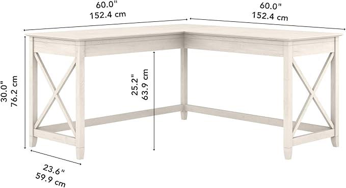 Bush Furniture Key West 60W Modern Farmhouse L Shaped Desk in Linen White Oak | 60-Inch Corner Table for Home Office
