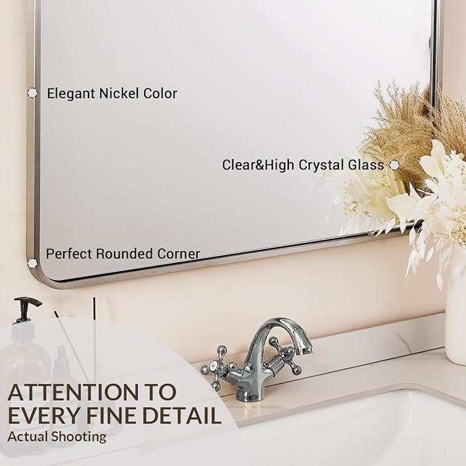 ANDY STAR 40x36 Inch Brushed Nickel Bathroom Mirror, Rounded Rectangle Bathroom Vanity Mirrors for Wall, Anti-Rust SUS304, Seamless Tube Metal Frame, 1’’ Deep Wall Mounted Vertically/Horizontal