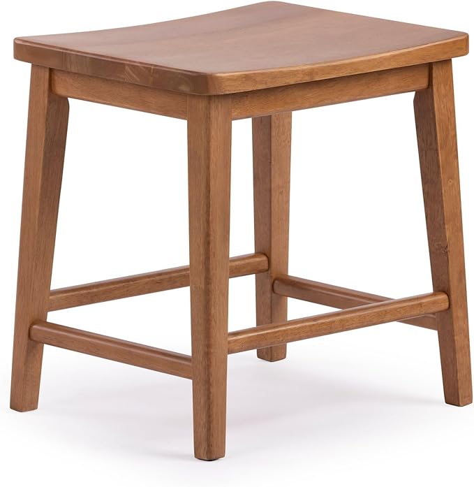 Plank+Beam Smythe Dining Stool, 18" Vanity Stools, Set of 2, Sturdy Wood Modern Kitchen Stool, Saddle Seat Backless Chair, Metal Footrest, Pecan