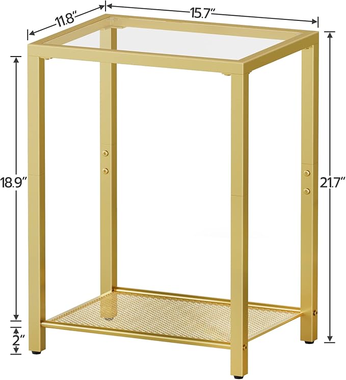 HOOBRO Set of 2 Side Tables, 2-Tier End Table, Nightstands for Tight Spaces, Tempered Glass Bedside Tables, Modern Metal Frame, for Office, Bedroom, Living Room, Study, Gold GD76BZP201