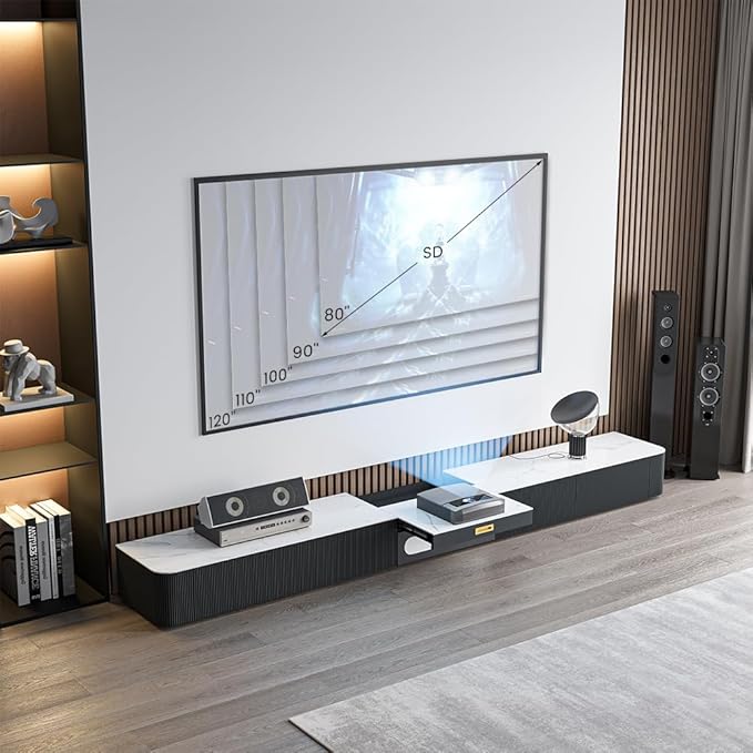 POVISON Fully-Assembled Modern TV Stand for Projector, Sintered Stone Entertainment Center with Storage for 65 inch TV, Wood TV Console, Media Console for Living Room Bedroom