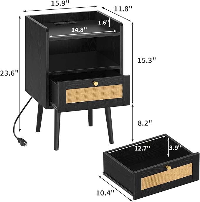 Nightstand Rattan with Charging Station, Mid Century Modern Bed Side Table, Boho End Table with Wood Legs, Bedside Tables for Bedroom Living Room (2, Black, 11.8" D x 15.9" W x 23.4" H (1 Drawers))