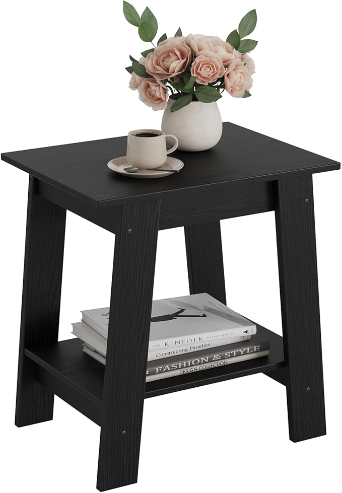 Garvee End Table, Side Table with 2-Tier Storage Shelf, Sofa Table for Small Space, Square Nightstand for Entryway, Farmhouse, Living Room, Easy Assembly, Black