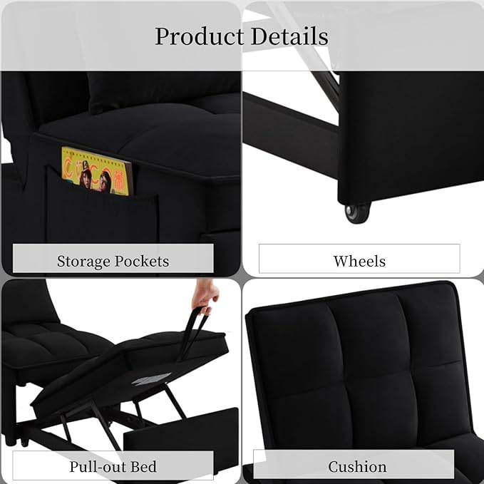 KEIKI Velvet Single Convertible Sleeper Chair Sofa Bed with Adjustable Backrest, Pillows & Storage Pockets, 3 in 1 Pull-Out Couch Chaise Lounge Recliner for Living Room Balcony Bedroom, Black