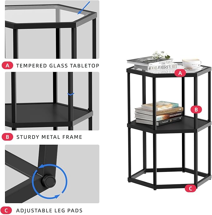 Side Table with 2-Tier Storage Shelf, Modern End Tables for Living Room Office Small Spaces, Glass Black End Table with Metal Frames, Nightstand for Bedroom, Bedside Furniture