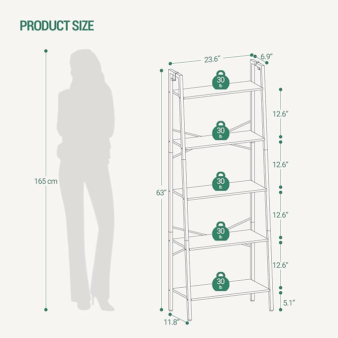 Ladder Shelf, Bookshelf Bookcase, Freestanding Corner Storage Shelve with 2 Hooks for Home Office, Living Room, Kitchen, Bedroom, Industrial, 5-Tier Rustic Brown BC19301B