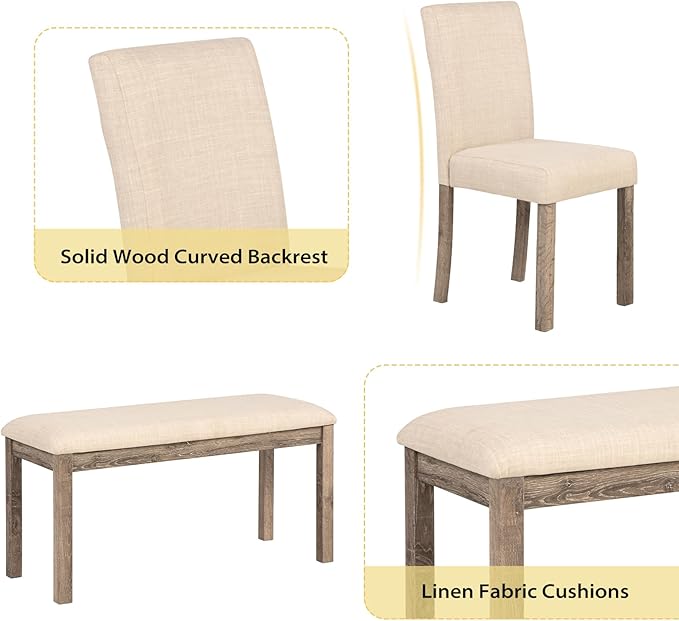 6-Piece Solid Wood Dining Table Set, Including 1 Dining Table, 4 Upholstered Chairs and 1 Bench, Wooden Legs Dining Table Set for Dining Room, Kitchen, Restaurant, Brown