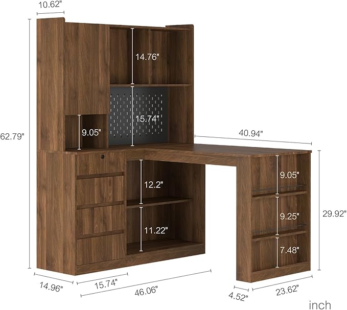 KEIKI L Shaped Home Office Desks with LED Light, Pegboard, Hutch, Drawers, Bookshelf & Storage Shelves, Modern Wooden Gaming Computer Corner Table for Work, Study, Writing