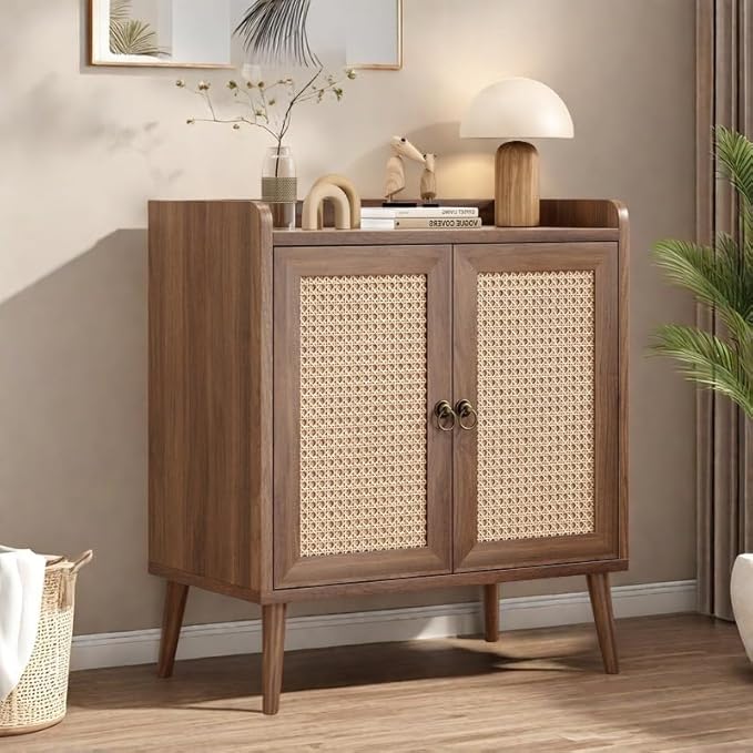 Buffet Cabinet, Rattan Storage Cabinet with Round Pull Rings, Sideboard with Ample Storage, Bar Liquor Shelf with 2 Doors for Living Room, Hallway, Light Brown