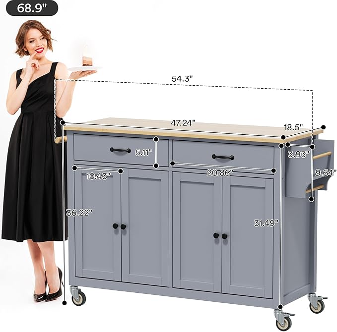 Rovibek Large Kitchen Island on Wheels with Storage 54 in Width Mobile Moveable Portable Rolling Wood Islandfor Kitchen Dining Room with Drawers Cabinet Spice Rack Towel Rack