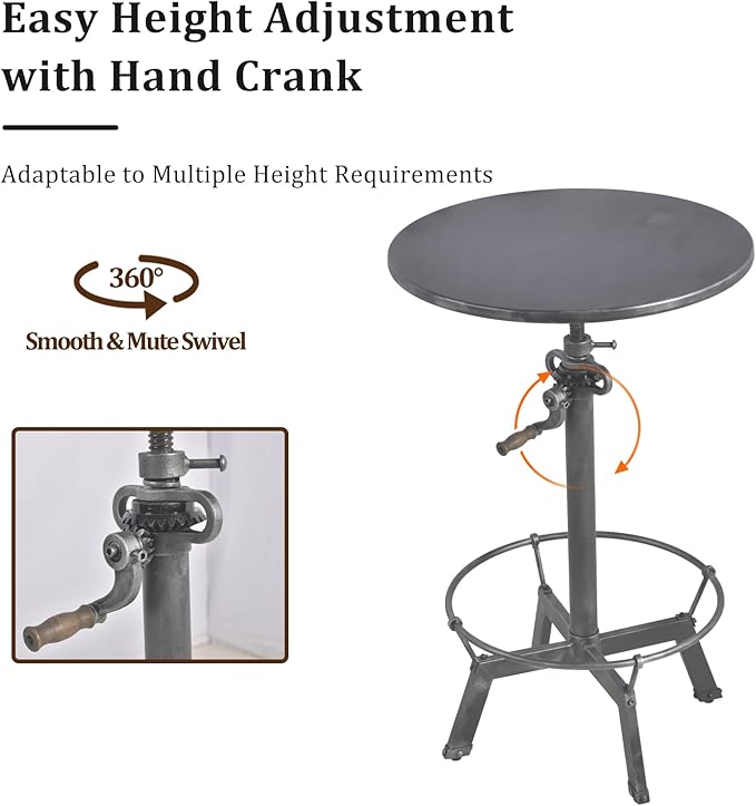 LOKKHAN 33.5"-39.4" Tall Industrial Bar Table-Adjustable Bar Height Pub Table-23.7" Dia Swivel Round Metal Top-Easily Adjusts by Crank Handle, Silver Gray