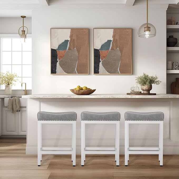 Counter Stools Set of 2 Upholstered Counter Height Bar Stools with Padded Seats and Metal Base, Leather Saddle Stool for Modern Kitchen Island, 22.4-Inch, Grey
