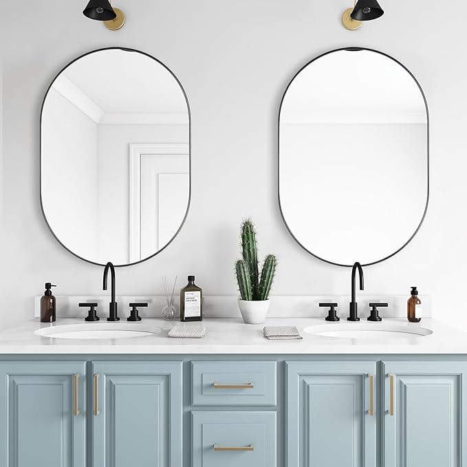 ANDY STAR Black Oval Mirror, 20x33’’ Oval Black Mirror Stainless Steel Metal Pill Mirror for Bathroom, Entryway, Living Room, Contemporary 1" Deep Set Design Wall Mount Hang Vertical or Horizontal