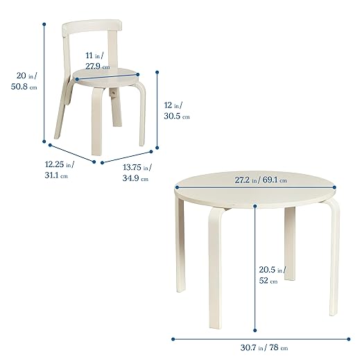 ECR4Kids Bentwood Round Table and Curved Back Chair Set, Kids Furniture, White Wash, 5-Piece