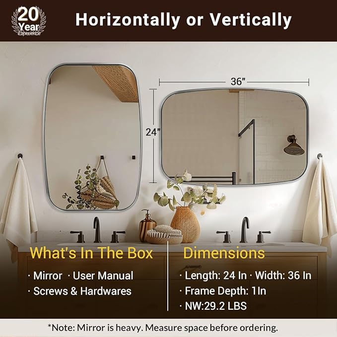 ANDY STAR Brushed Nickel Oval Bathroom Mirror for Over Sink, 24x36 Inch Bathroom Vanity Mirror with Unique Oblong Rounded Corner Tube Metal Frame-Modern Design with Anti-Rust Stainless Steel Frame