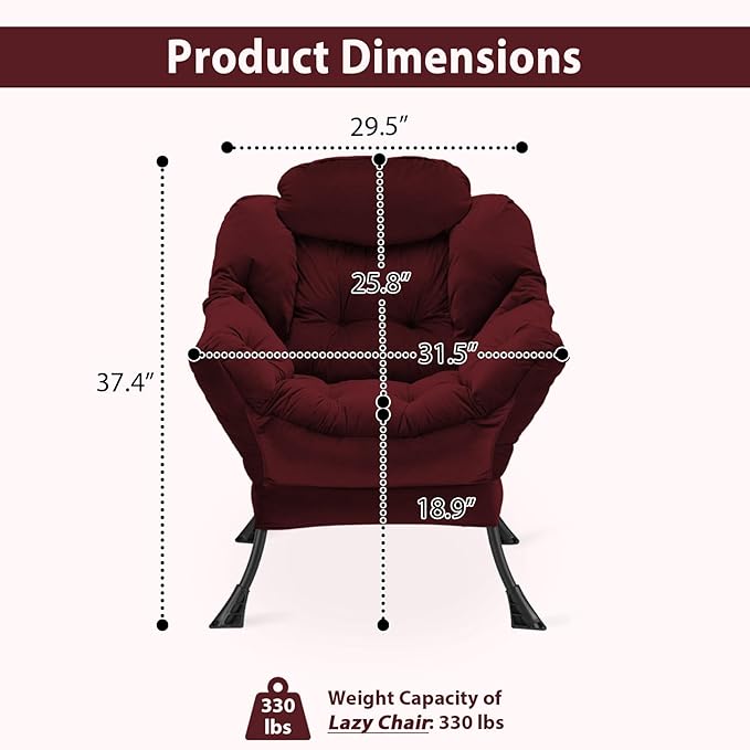 Lazy Chair Thick Padded, Comfy Velvet Accent Lounge Chair with Stable Frame, Leisure Sofa Armchair with Armrests and Side Pocket, Reading Chair for Bedroom, Living Room, Office, Burgundy