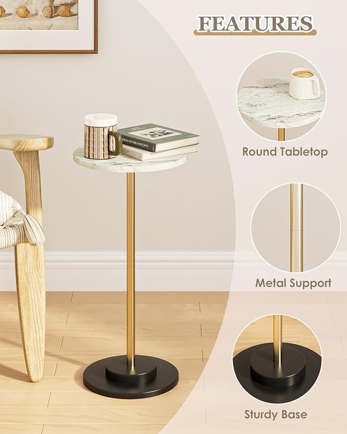 Round Side Table, Small Drink Table for Small Spaces, Modern Accent End Table Coffee Table with Metal Leg for Living Room, Bedroom, Corners, and Office (Marble)