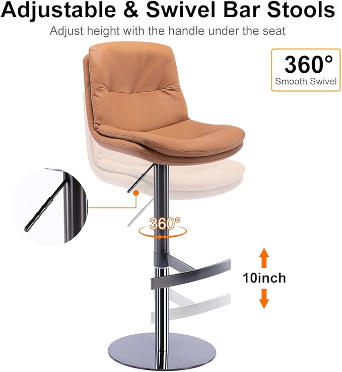 CozyRain Bar Stools Adjustable Stainless Steel Swivel Barstool with Back and Footrest,Modern Faux Leather Upholstered Bar Chairs for Home Kitchen,Bar, Counter Black/Light Brown (Light Brown)