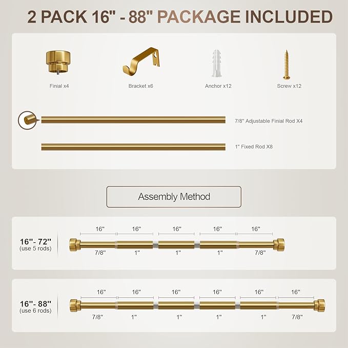 2 Pack Modern Gold Curtain Rods for Windows 48 to 84 Inches Adjustable Length Heavy Duty 1" Diameter Brass Window Curtain Rod with Solid Metal Finials for Outdoor Farmhouse Bedroom Kitchen Living Room