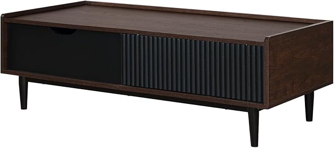 Manhattan Comfort Duane Mid Century Modern Coffee Table with Drawer & Cubby Shelf, Living Room Furniture with Ribbed Flat Design, Wood Grain Laminate Finish & Durable Iron Metal Feet, Black