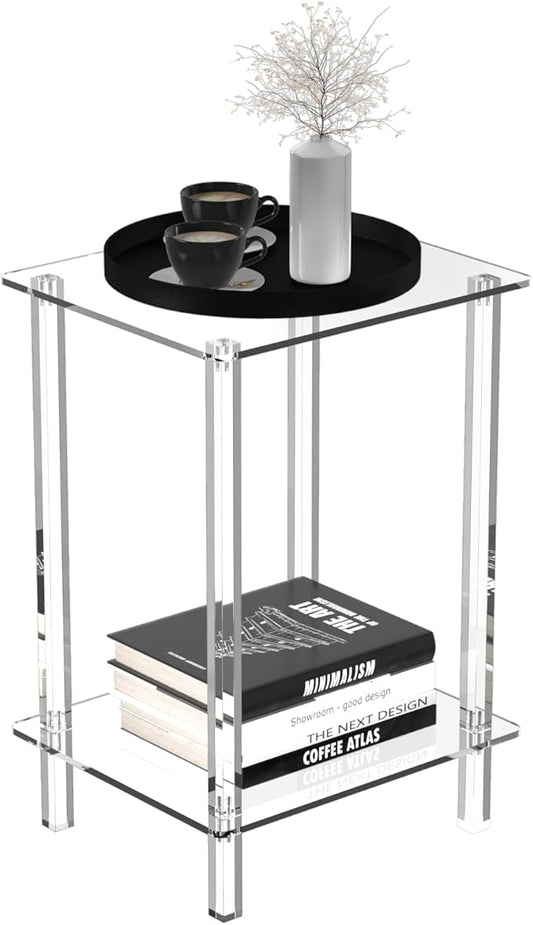 Eglaf Acrylic Small Side Table with Square Leg - 13.4'' L x 11.5'' W x 19.6'' H - Small Nightstand Bedside Table 2-Tier Clear End Table for Living Room, Bedroom