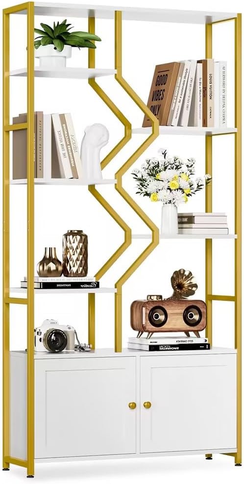 Keyluv 76" Tall Gold Bookshelf with Cabinet Storage, Multifunctional Open Display Bookcase with Door, Large Book Shelf Organizer for Living Room, Home, Office, Heavy Duty Metal & Wood, Modern White