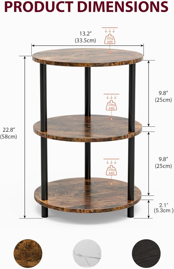 Small Round End Table - 3 Tier Design Accent Table, Narrow Side or Bedside Stand, Industrial Vintage Nightstand for Bedroom, Living Room, or Small Spaces, Set of 2, Rustic Brown