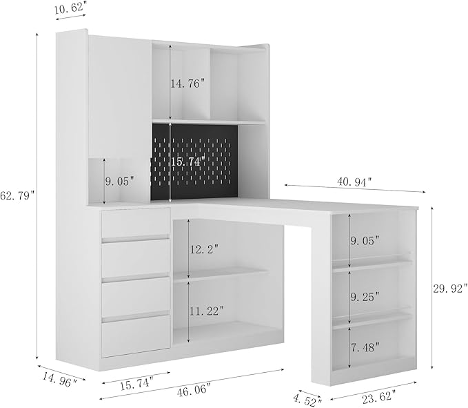 KEIKI L Shaped Home Office Desks with LED Light, Pegboard, Hutch, Drawers, Bookshelf & Storage Shelves, Modern Wooden Gaming Computer Corner Table for Work, Study, Writing