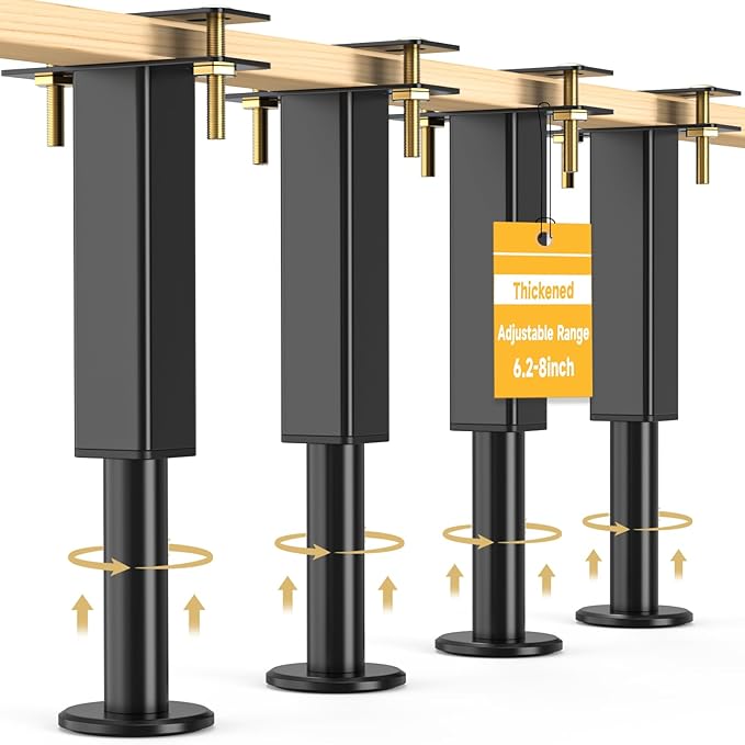 4PCS Adjustable Height Bed Support Legs, 6.2-8 Inch, Metal Heavy Furniture Legs with Rubber Non-Slip Base for Sofa/Cabinet/Couch/Dresser/Table, Furniture Feet Replacement for King Queen Bed Frame Slat