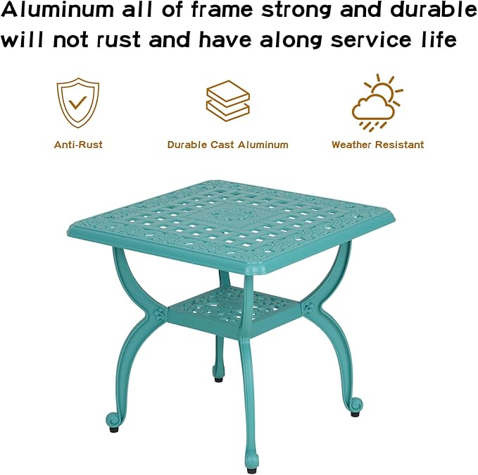 JARDIN DE CENTENNIAL Cast Aluminum Outdoor Side Table,Anti-Rust Outdoor End Table,Patio Coffee Bistro Table for Indoor,Garden,Porch,Balcony(Square Blue)